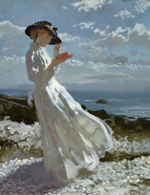 AGN284331 Grace reading at Howth Bay (oil on canvas) by Orpen, Sir William (1878-1931); 45.8x50.8 cm; Private Collection; (add.info.: the artist's wife, Grace Knewstub;); Photo © Agnew's, London; Irish,  out of copyright